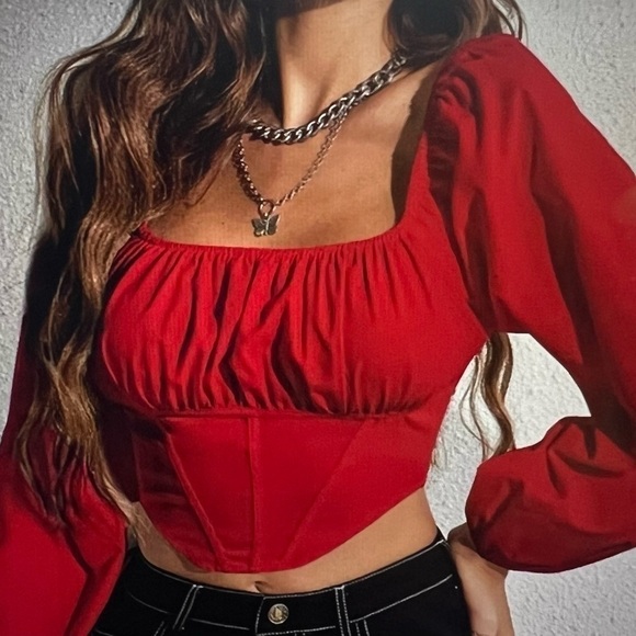 SHEIN Privé Ruched Bust Square Neck Bishop Sleeve Blouse SZ M - Picture 9 of 14